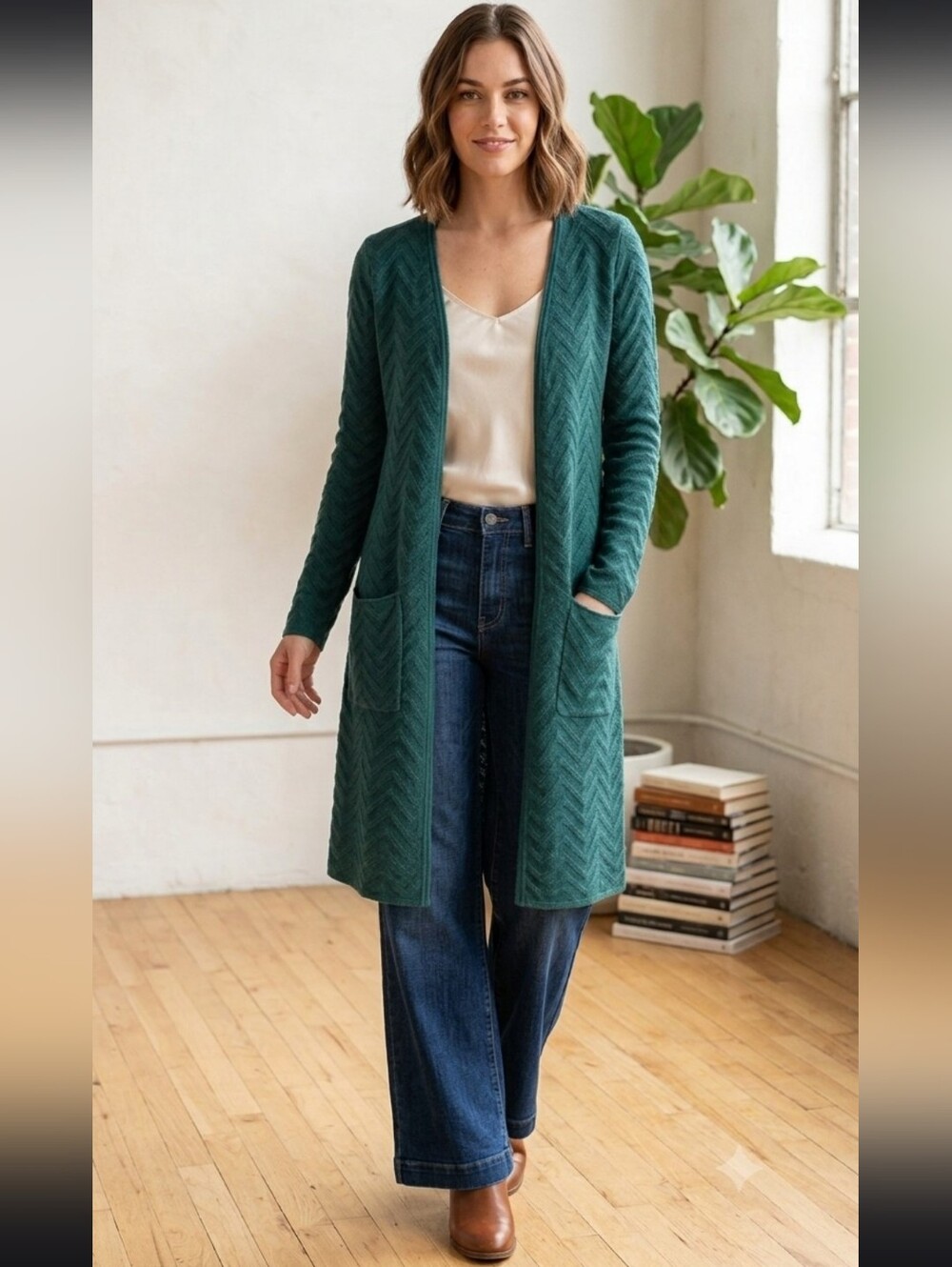 Anthropolgie Moth Vergennes Chevron Teal Long Open Cardigan Small